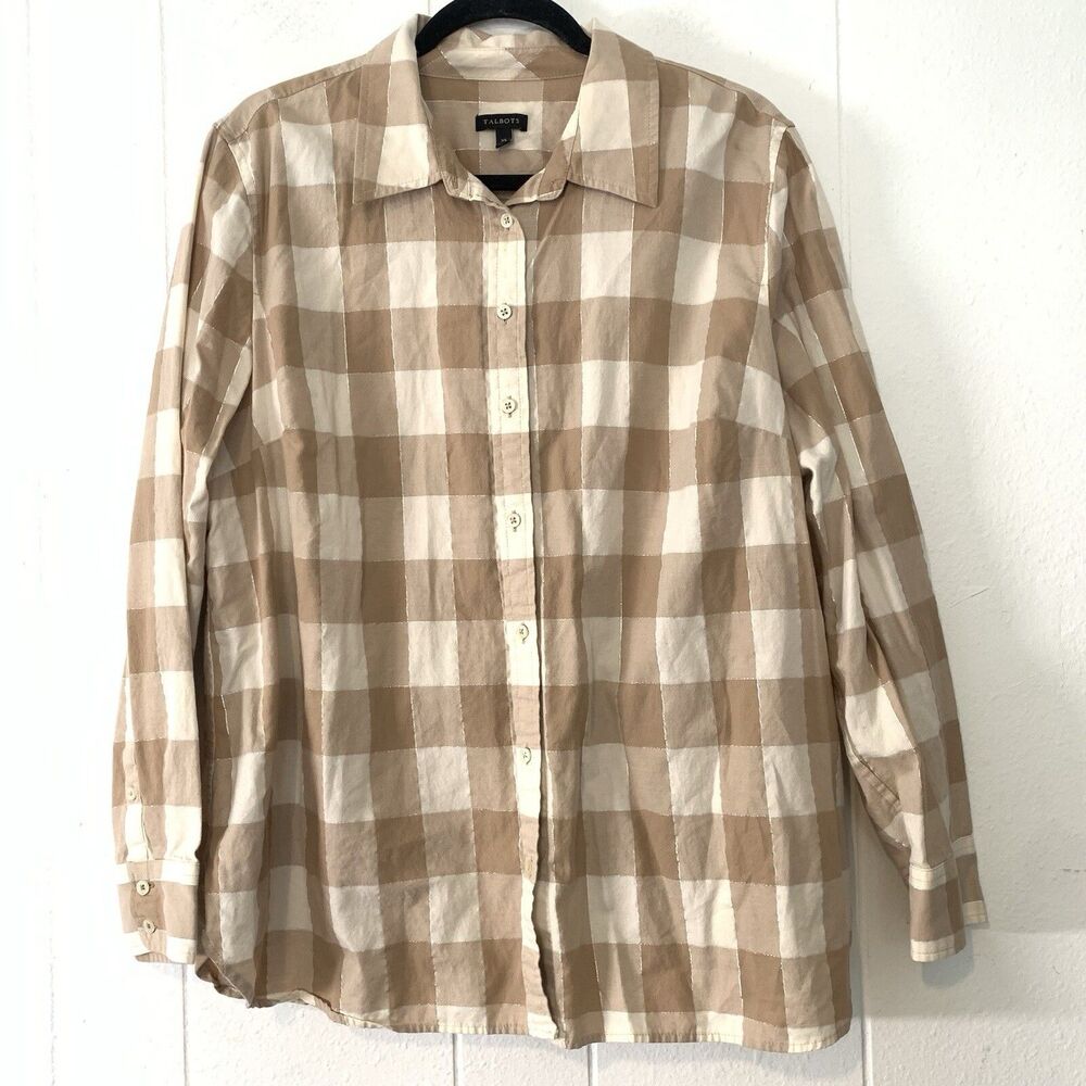 Talbots XL Shirt Button Down Checkered Plaid Brown White Metallic Long Sleeve